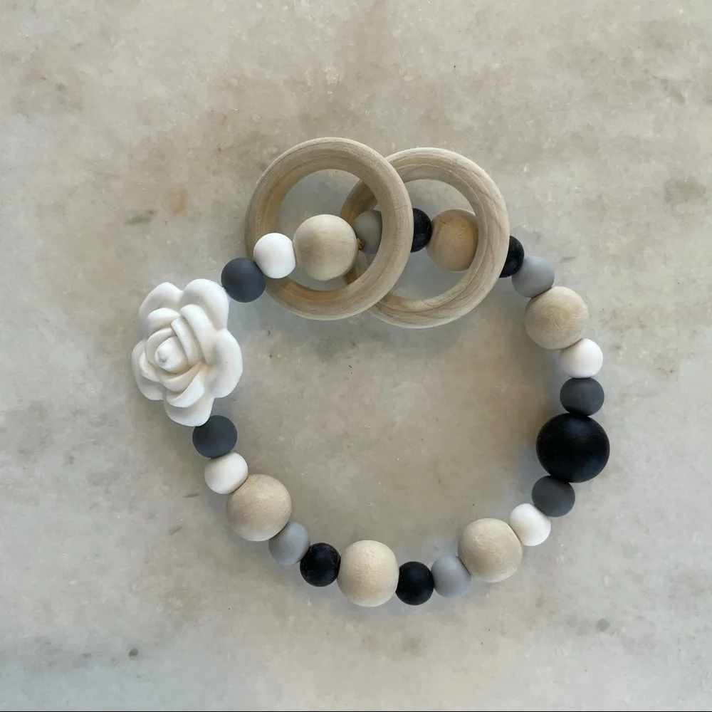 Natural wood and silicone rose beaded teether New